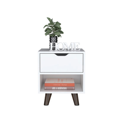 White Modern Nightstand, Drawer & Open Shelf with Wooden Legs