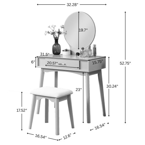 Contemporary Pink Wood Vanity and Stool Set, Round Mirror, Rubberwood Frame, 32.28 inch W