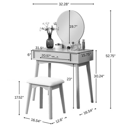Contemporary Pink Wood Vanity and Stool Set, Round Mirror, Rubberwood Frame, 32.28 inch W