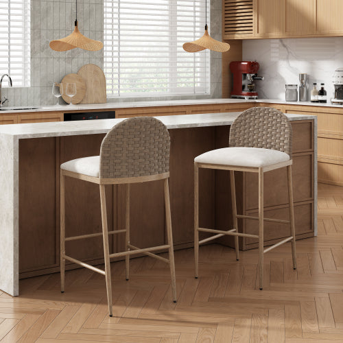 29.5inch Farmhouse Barstools Set of 2,Upholstered  Armless Iron Counter Stools with rattan Backrest for Kitchen Dining Island Table,Brown+Beige