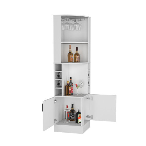 Beijing Corner Bar Cabinet, Glass Rack, Double Door Cabinet, Eight Built-In Wine Rack, Bar, Liquor Storage, White