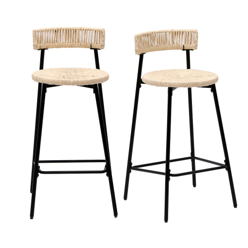 Counter Stools Set of 2 Handwoven Paper Rope Bar Stools Boho Round Dining Pub Chairs for Kitchen (Black & Creamy White)