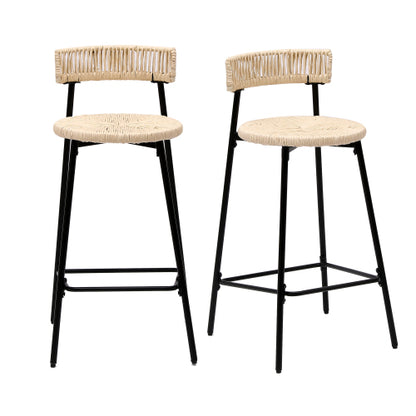 Counter Stools Set of 2 Handwoven Paper Rope Bar Stools Boho Round Dining Pub Chairs for Kitchen (Black & Creamy White)