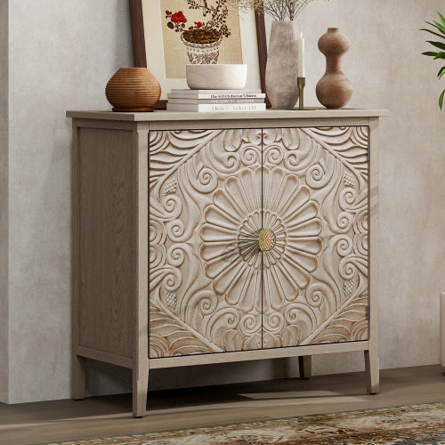 American Style 2-Door Wooden Storage Cabinet Relief Pattern Cabinet With Adjustable Layer Anti-Dumping Design