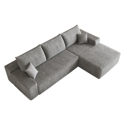 107 inch  Grey Plush Corduroy L-Shape Chaise Cloud Modular Sofa, No Assembly