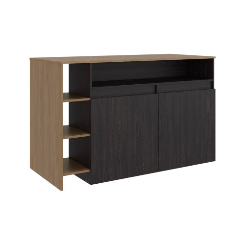 Kitchen Bar Counter with Ample Storage and Shelves, Black Wengue / Natural Oak