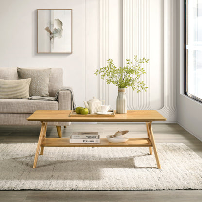 Mid Century Modern Wood Coffee Table with Storage Shelf MDF Veneer Rubberwood Base