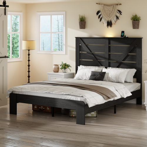 Queen Bed Frame Headboard , Wood Platform Bed Frame , Noise Free,No Box Spring Needed and Easy Assembly Tool,Large Under Bed Storage, Black