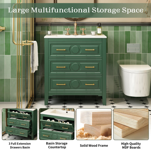 30'' Bathroom Vanity with Ceramic Sink Combo, Free Standing Single Vanity Set with 3 Drawers, Solid Wood Frame Bathroom Storage Cabinet, Green