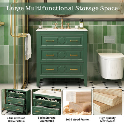30'' Bathroom Vanity with Ceramic Sink Combo, Free Standing Single Vanity Set with 3 Drawers, Solid Wood Frame Bathroom Storage Cabinet, Green