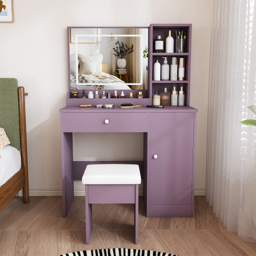 Purple Modern Vanity Desk Set, Dimmable 3?Color LED Mirror, MDF Build, Padded Stool for Bedroom Apartment