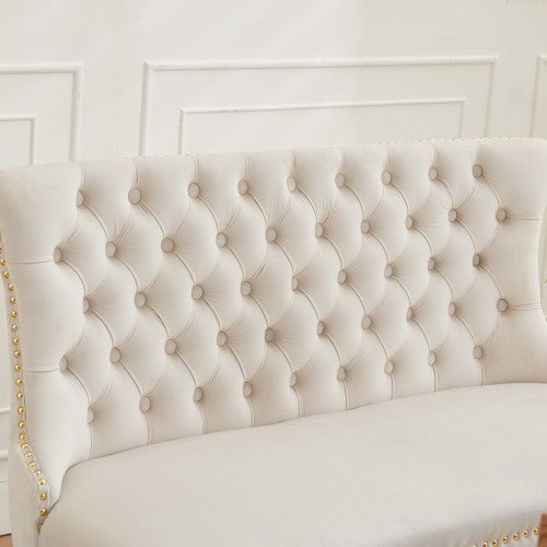 Velvet Double Dining Loveseat Bench, Kitchen & Dining Seating, 2-Seat Tufted Bench w/Handmade Buttons, Wing Back, Gold-Plated Steel Legs, Mid Century Modern,Single Pack,Beige