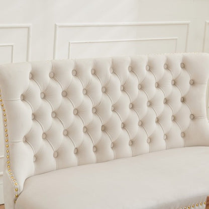 Velvet Double Dining Loveseat Bench, Kitchen & Dining Seating, 2-Seat Tufted Bench w/Handmade Buttons, Wing Back, Gold-Plated Steel Legs, Mid Century Modern,Single Pack,Beige