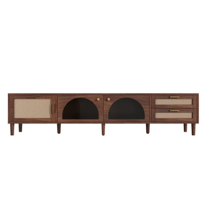 86 inch TV Stand for TVs Up to 90 inch, Rattan Media Console with LED Lights, Drawers & Glass Storage