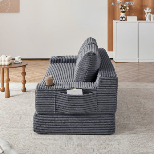 70.8-inch corduroy two-in-one sofa bed, featuring a lounge chair with two throw pillows, built-in cup holders in the armrests, and side storage pockets-ideal for living rooms, bedrooms, and relaxation