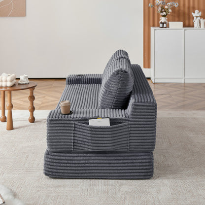 70.8-inch corduroy two-in-one sofa bed, featuring a lounge chair with two throw pillows, built-in cup holders in the armrests, and side storage pockets-ideal for living rooms, bedrooms, and relaxation