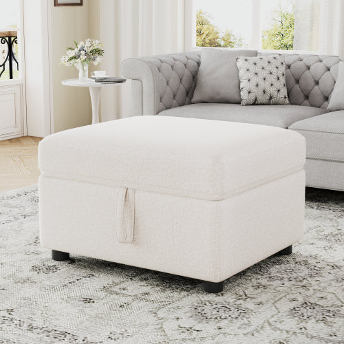 Beige Chenille Movable Storage Ottoman Footrest, 26.6 inchD x32.1 inchW x19.3 inchH, 250 LBS Capacity for Bedroom & Living Room