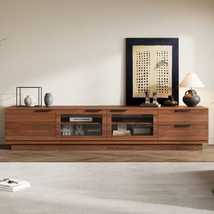 78.74 inch Walnut Fluted Glass Door Legless TV Stand 2 Drawer Media Console Supports Up To 85 inch TV