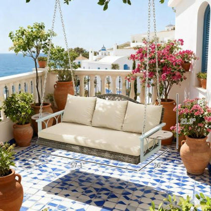Outdoor Patio Porch Swing Bench with Cup Holders, Cushions 3 Person Wicker Hanging