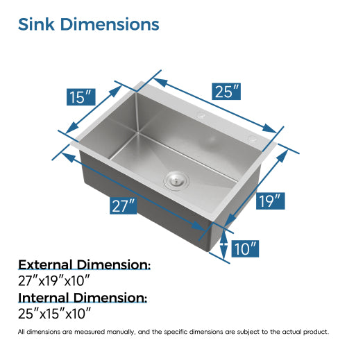 Stainless Steel Kitchen Sink, 27″x19″ Single Bowl, Overmount Handmade Sink in Dark Gray, with US Standard Drain and Hook