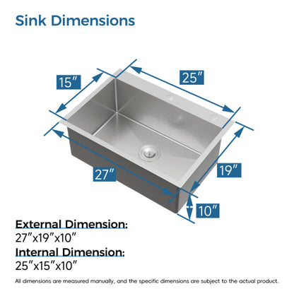 Stainless Steel Kitchen Sink, 27″x19″ Single Bowl, Overmount Handmade Sink in Dark Gray, with US Standard Drain and Hook