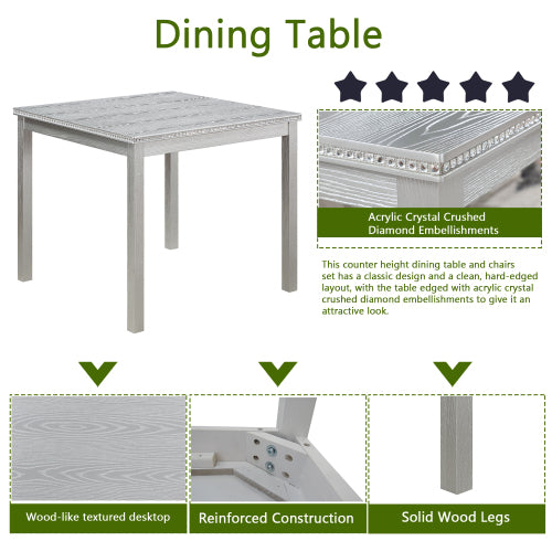 5-Piece Wooden Dining Table Set with Upholstered Chairs, Crystal Accent Square Dining Set for Kitchen & Dining Room