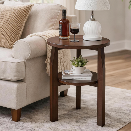 Solid Rubberwood 2-Tier Round End Table, Open Shelf Accent Side Table for Living Room Bedroom