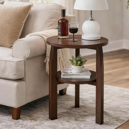 Solid Rubberwood 2-Tier Round End Table, Open Shelf Accent Side Table for Living Room Bedroom