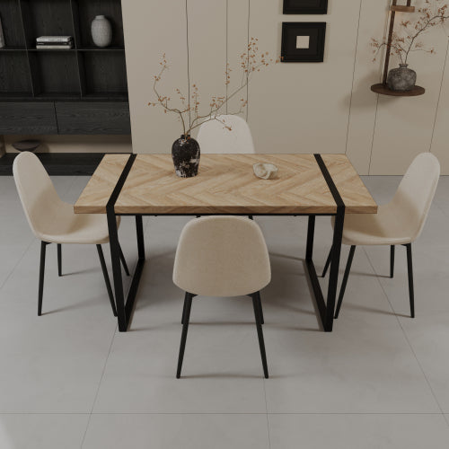 5-Piece Light Wood & Black Metal Dining Set, Medieval Style MDF Table with 4 Suede Dining Chairs
