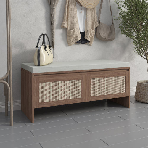 PP Rattan Storage Bench with Cushion, Faux Rattan Shoe Cabinet with 2 Doors, Mid-Century Modern Wood Entryway Seat, for Bedroom, Hallway, Mudroom, Natural Finish