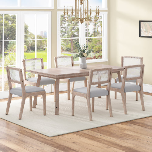 Set of 2 Beige Modern Farmhouse Linen Dining Chairs, Rattan Back Solid Rubberwood Padded Side Chairs