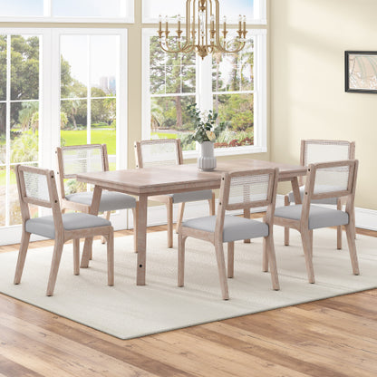 Set of 2 Beige Modern Farmhouse Linen Dining Chairs, Rattan Back Solid Rubberwood Padded Side Chairs