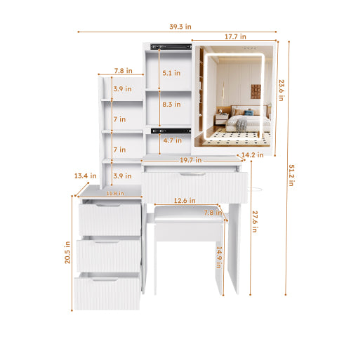 White LED Lighted Makeup Vanity Table with 4 Drawers & Shelves, Power Outlet, Dryer Holder & Chair, Modern Bedroom Dresser