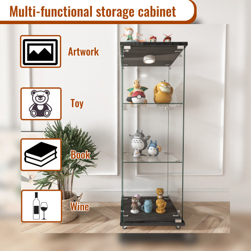 Modern Glass Display Cabinet with LED lights, Quick-assembly Antique Cabinet, Tempered Glass Bookshelf, Suitable for Living Room and Bedrooms, 1-door 3-shelf, Black