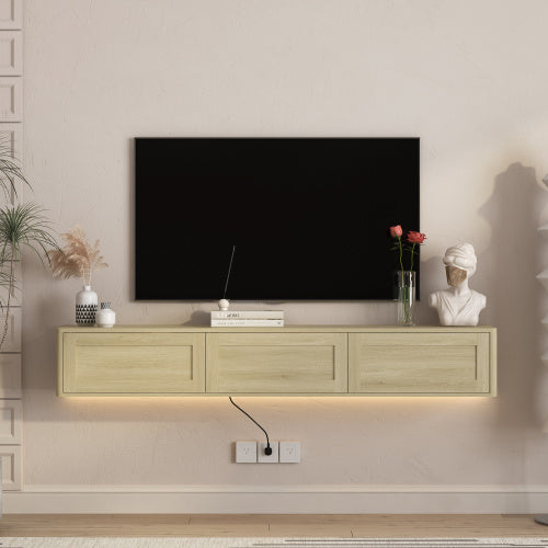 Wood Floating Wall Mount High Gloss TV Cabinet with 16 Color LED Lights & Built-in Power Ports