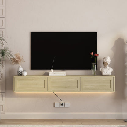 Wood Floating Wall Mount High Gloss TV Cabinet with 16 Color LED Lights & Built-in Power Ports