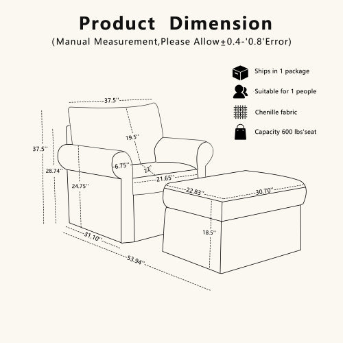 37.5 inch  Plush Chenille Accent Chair with Ottoman for Living-Room & Apartment