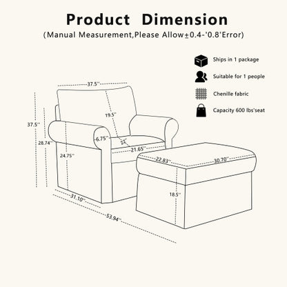 37.5 inch  Plush Chenille Accent Chair with Ottoman for Living-Room & Apartment