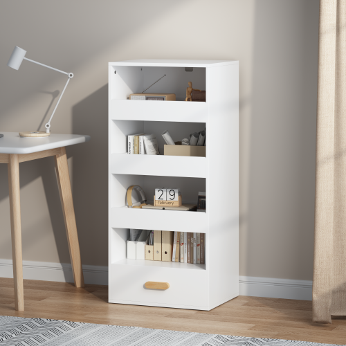 4-Tier Bookshelf with Sliding Drawers and Bottom Drawer