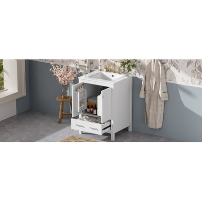 24-inch bathroom vanity with integrated undermount basin and a storage cabinet featuring 2 doors and 1 drawer. Includes double-layer door shelf, soft-close design, and versatile storage solutions