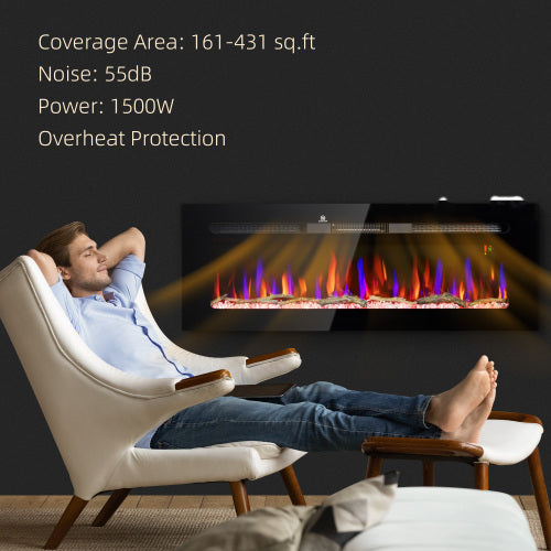 HOMCOM 50" Electric Fireplace Recessed and Wall Mounted with Remote Control, 1500W Fireplace Heater with 8H Timer, Adjustable Flame Color and Brightness, Log and Crystal
