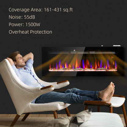 HOMCOM 50" Electric Fireplace Recessed and Wall Mounted with Remote Control, 1500W Fireplace Heater with 8H Timer, Adjustable Flame Color and Brightness, Log and Crystal