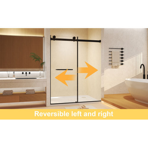 Frameless Double Sliding Shower Door 56-60 "W x 74" H, 5/16 "(8mm) Tempered Glass, Explosion Proof Film, Stainless Steel Handle, Square Tube Track, Matte Black