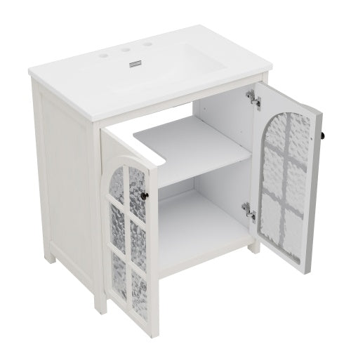 31" Farmhouse Bathroom Vanity with Ceramic Sink, Faux Aged Finish, Vintage Rustic Bathroom Cabinet with Bronze Pulls and 2 Soft-Closing Doors, Antique White