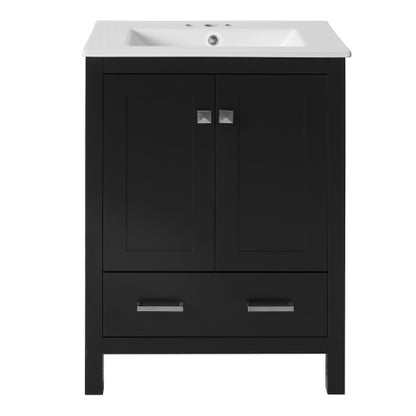 24-inch bathroom vanity with integrated undermount basin and a storage cabinet featuring 2 doors and 1 drawer. Includes double-layer door shelf, soft-close design, and versatile storage solutions