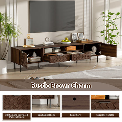78.7 inch Walnut 3D Diamond Texture TV Stand Heavy Iron Leg Media Console Fits 85 inch TV