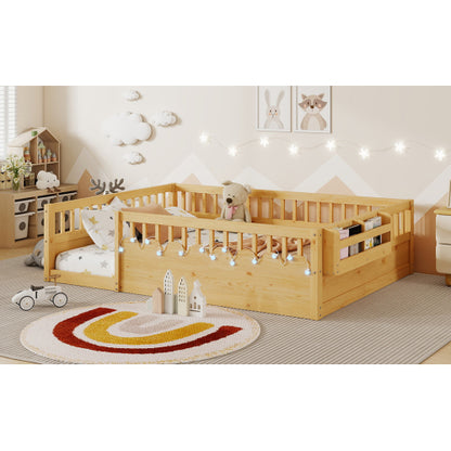 Full Montessori Floor Bed Frame with High Rails, Wood Kids Floor Beds with Light and Storage Shelf, Natural