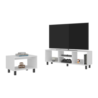 White Matching TV Stand & Coffee Table Set with Open Storage Shelves