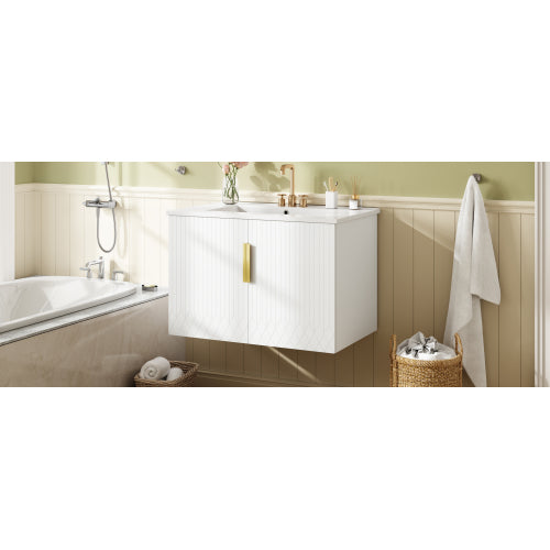 30" Vintage Bathroom Vanity with Ceramic Sink, with 3 Holes Single Ceramic Sink, Bathroom Storage Vanity Cabinet with 2 Soft Closing Doors