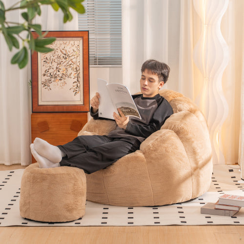 Pumpkin-Shape Faux-Fur Giant Bean Bag Chair with Footrest for Adults Kids